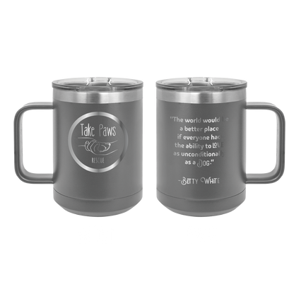 Dark gray 15 oz coffee cup laser engraved  tumbler featuring the Take Paws Rescue logo