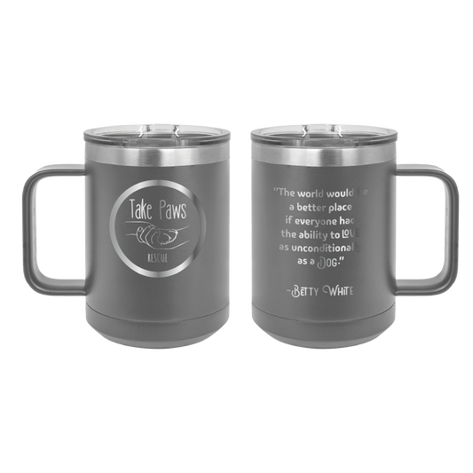 Dark gray 15 oz coffee cup laser engraved  tumbler featuring the Take Paws Rescue logo