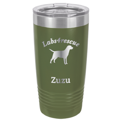 Olive Green laser engraved 20 oz tumbler featuring the Labs4rescue logo and the name Zuzu. 