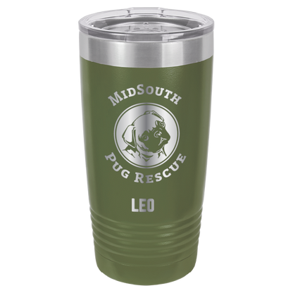 Olive Green laser engraved 20 oz tumbler featuring the MidSouth Pug Rescue logo and the name Leo.
