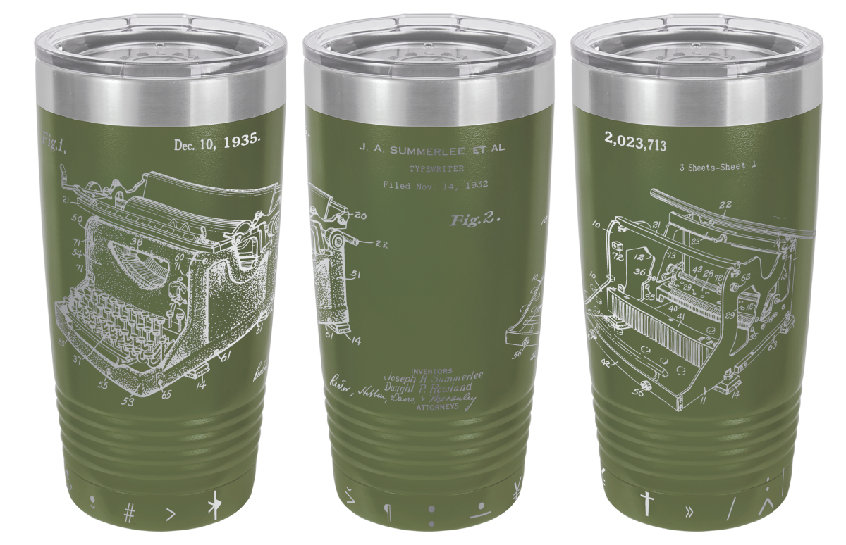 Vintage typewriter patent laser engraved on a olive green stainless steel tumbler