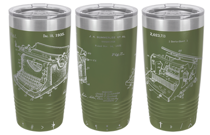 Vintage typewriter patent laser engraved on a olive green stainless steel tumbler