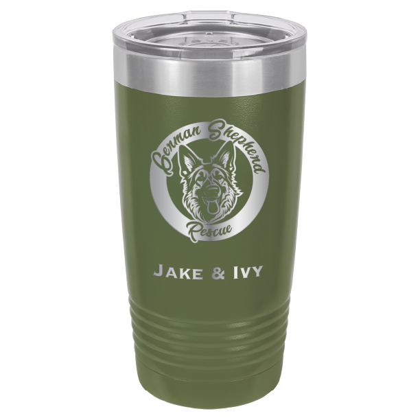 Laser Engraved oilve green 20 oz tumbler with German Shepherd Rescue and the names Jake and Ivy