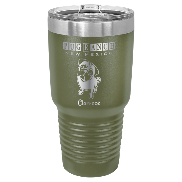 Laser engraved olive green tumbler featuring Pug Ranch NM: 30 oz
