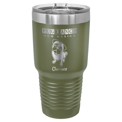 Laser engraved olive green tumbler featuring Pug Ranch NM: 30 oz