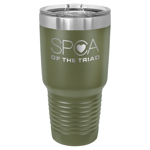 Olive Green 30 oz laser engraved tumbler featuring the SPCA of the Triad logo.