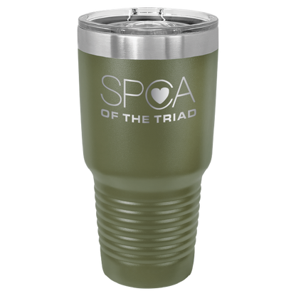 Olive Green 30 oz laser engraved tumbler featuring the SPCA of the Triad logo.