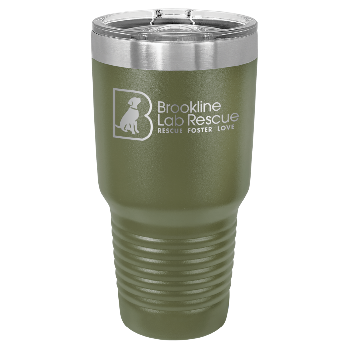 Olive Green laser engraved 30 oz tumbler featuring the Brookline Lab Rescue logo