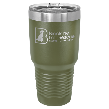 Olive Green laser engraved 30 oz tumbler featuring the Brookline Lab Rescue logo