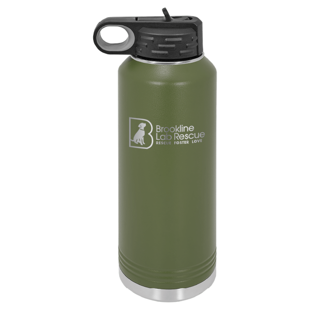 Olive green laser engraved 40 oz water bottle featuring the Brookline Lab Rescue logo