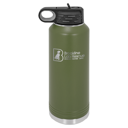 Olive green laser engraved 40 oz water bottle featuring the Brookline Lab Rescue logo