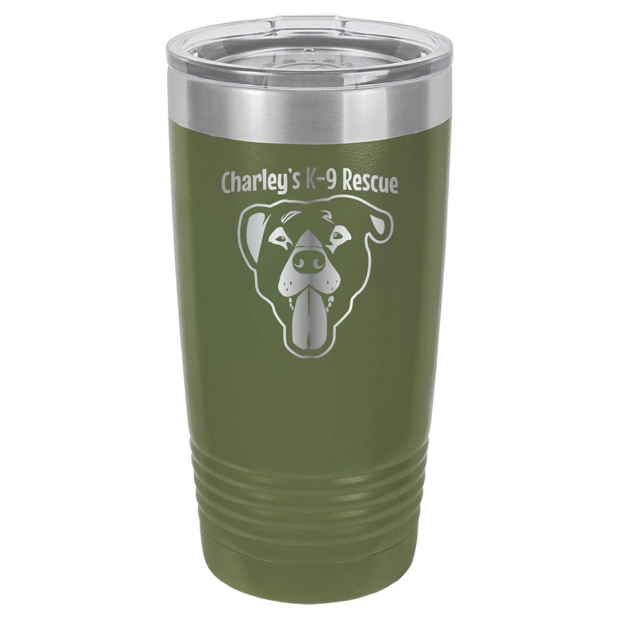 Olive Green 20 ounce tumbler laser engraved  tumbler featuring the Charley's K9 Rescue logo