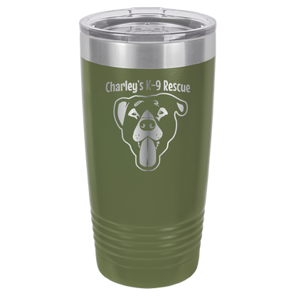 Olive Green 20 ounce tumbler laser engraved  tumbler featuring the Charley's K9 Rescue logo