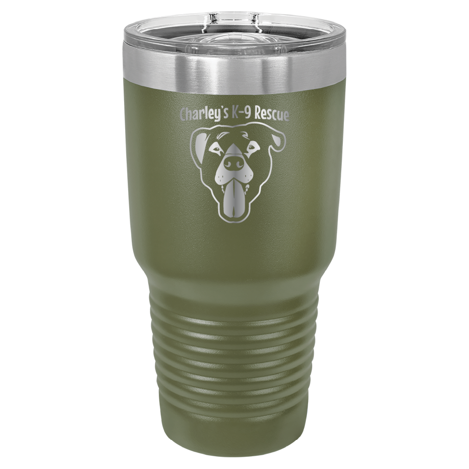 Olive Green 30 oz tumbler laser engraved  tumbler featuring the Charley's K9 Rescue logo