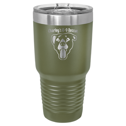 Olive Green 30 oz tumbler laser engraved  tumbler featuring the Charley's K9 Rescue logo