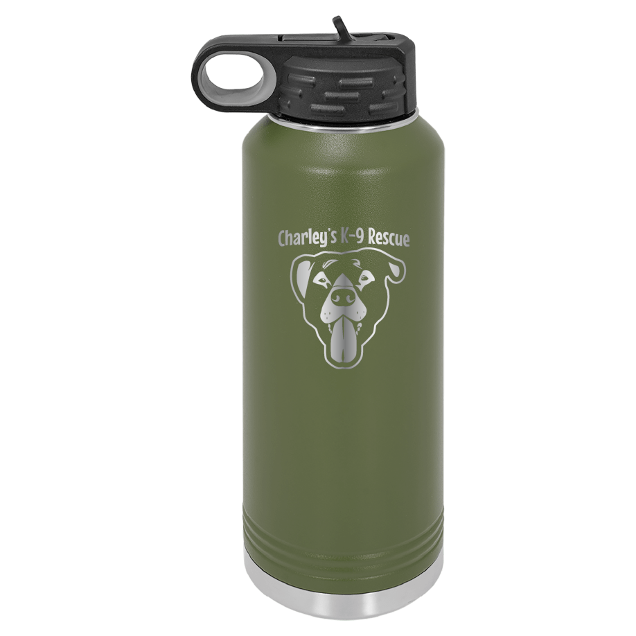 Olive green 40 oz water bottle laser engraved  tumbler featuring the Charley's K9 Rescue logo