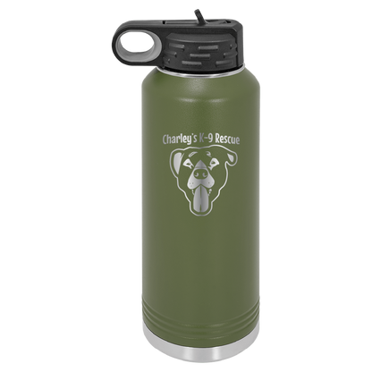 Olive green 40 oz water bottle laser engraved  tumbler featuring the Charley's K9 Rescue logo