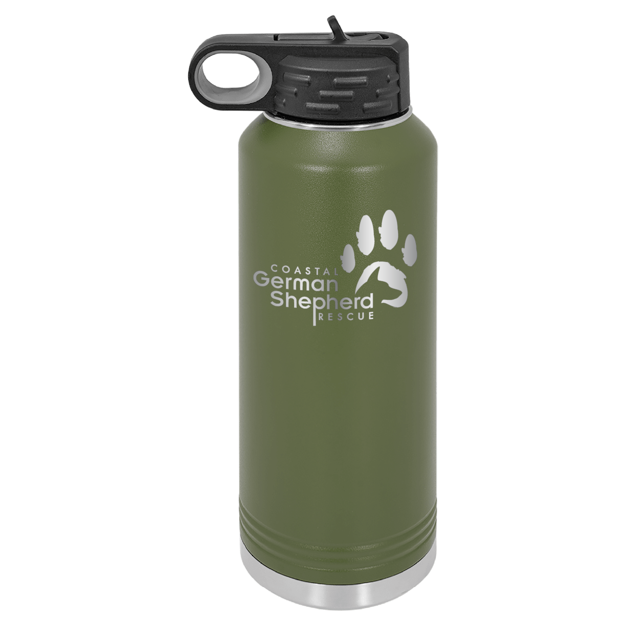 Olive Green 40 ounce laser engraved water bottle, featuring the with the Coastal German Shpherd Rescue of Orange County logo