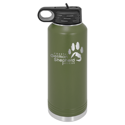 Olive Green 40 ounce laser engraved water bottle, featuring the with the Coastal German Shpherd Rescue of Orange County logo