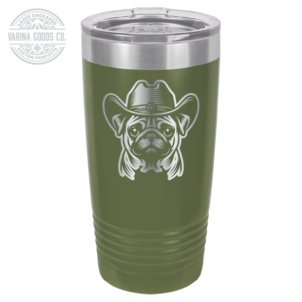 Olive Green Cowboy Pug laser engraved 20 oz tumbler.