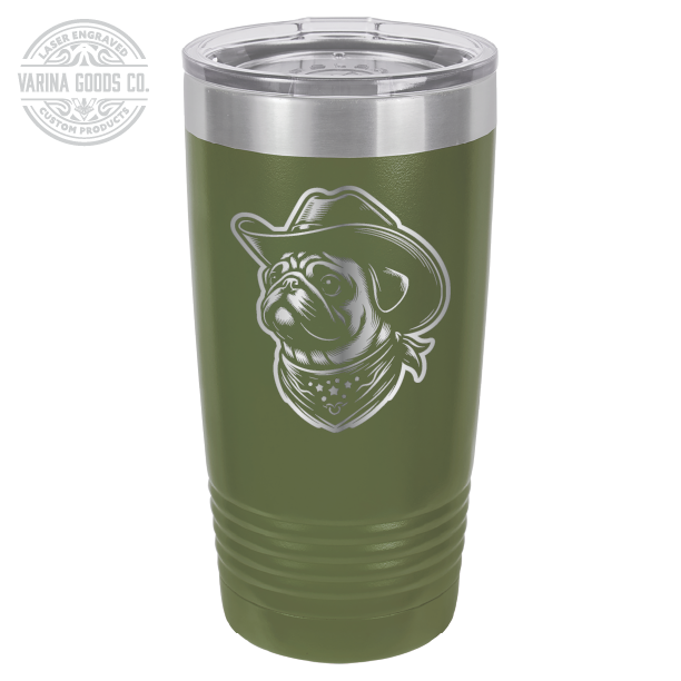 Cowboy Pug with bandana 20 laser engraved tumbler, in  olive green