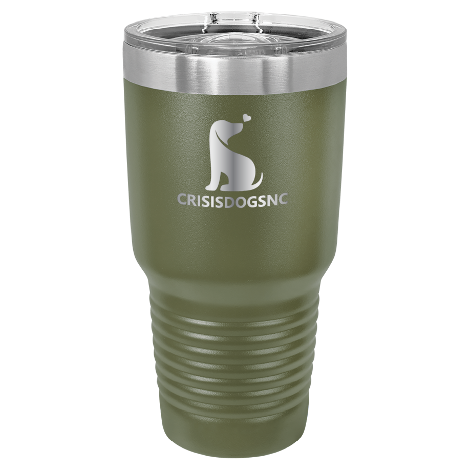 Olive Green 30 oz laser engraved tumbler with the Crisis Dogs NC logo.