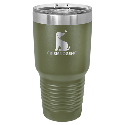 Olive Green 30 oz laser engraved tumbler with the Crisis Dogs NC logo.