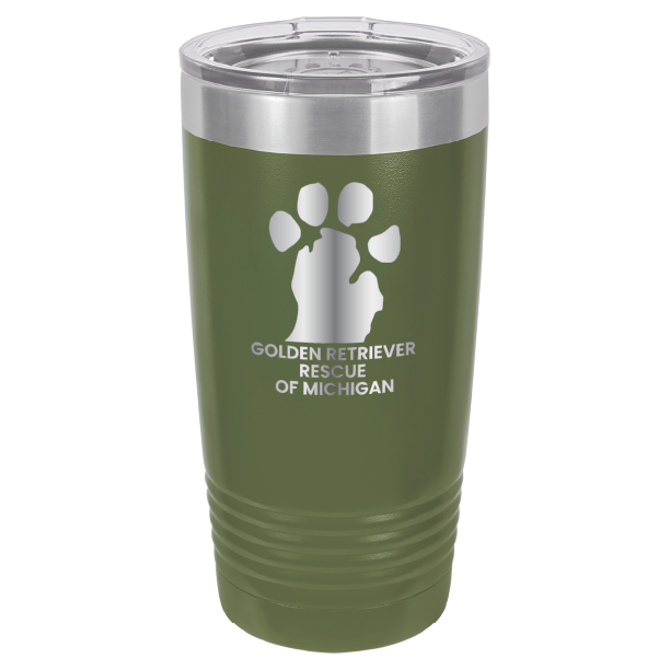 Olive Green 20 Oz laser engraved tumbler with the Golden Retriever Rescue of Michigan logo