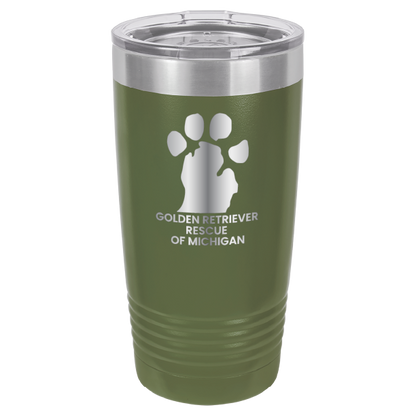 Olive Green 20 Oz laser engraved tumbler with the Golden Retriever Rescue of Michigan logo