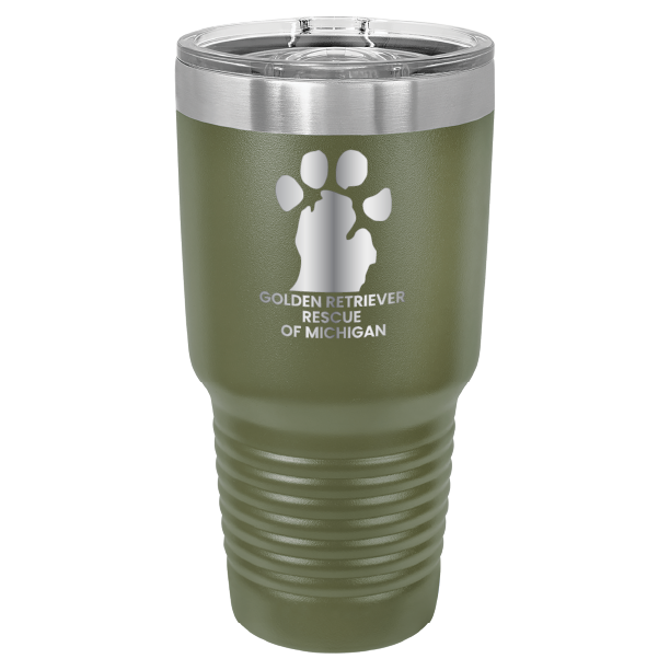 Olive Green 30 laser engraved tumbler featuring the Golden Retriever Rescue of Michigan logo