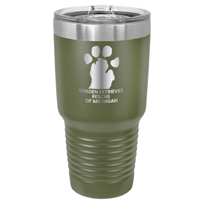 Olive Green 30 laser engraved tumbler featuring the Golden Retriever Rescue of Michigan logo