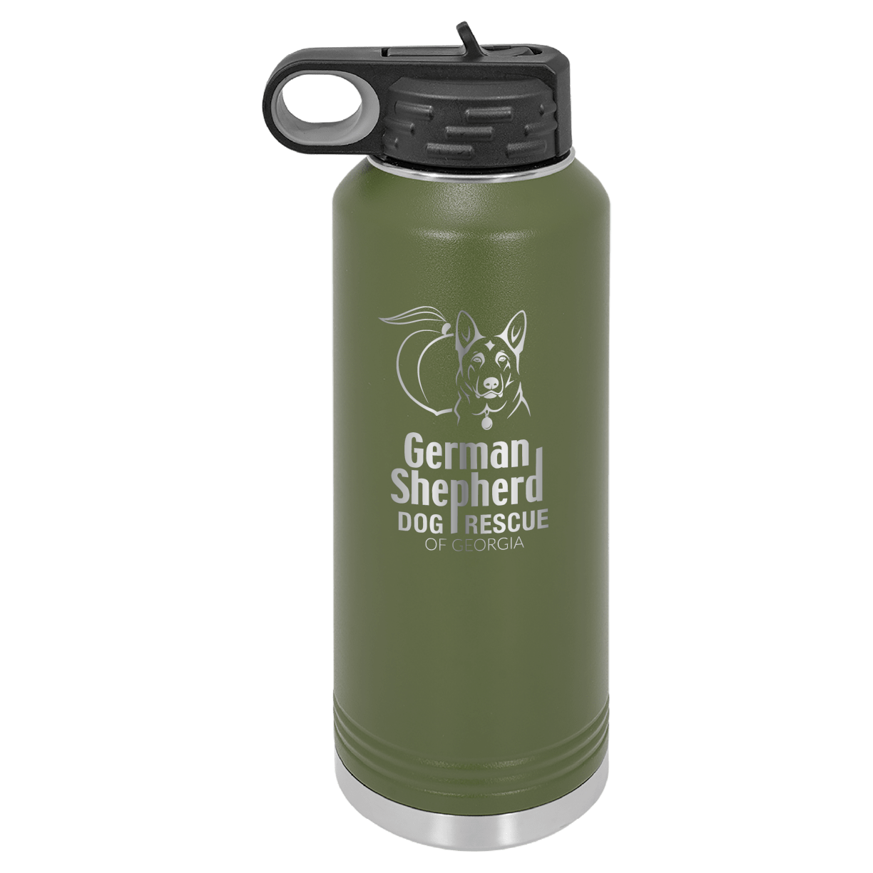 40 Oz Laser engraved water bottle featuring the German Shepherd Dog Rescue of Georgia, in olive green