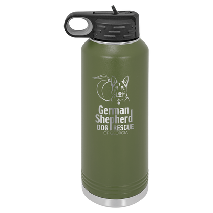 40 Oz Laser engraved water bottle featuring the German Shepherd Dog Rescue of Georgia, in olive green