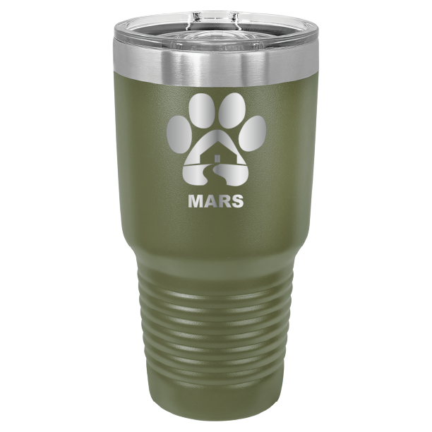 Olive Green 30 ounce laser engraved tumbler with the Midwest Animal Rescue & Services (MARS) logo.