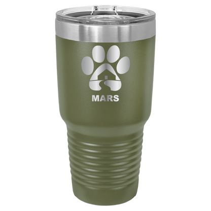 Olive Green 30 ounce laser engraved tumbler with the Midwest Animal Rescue & Services (MARS) logo.