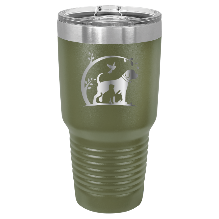 Olive Green 30 oz laser engraved tumbler featuring the No Critter Left Behind logo