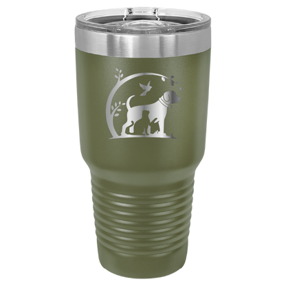 Olive Green 30 oz laser engraved tumbler featuring the No Critter Left Behind logo