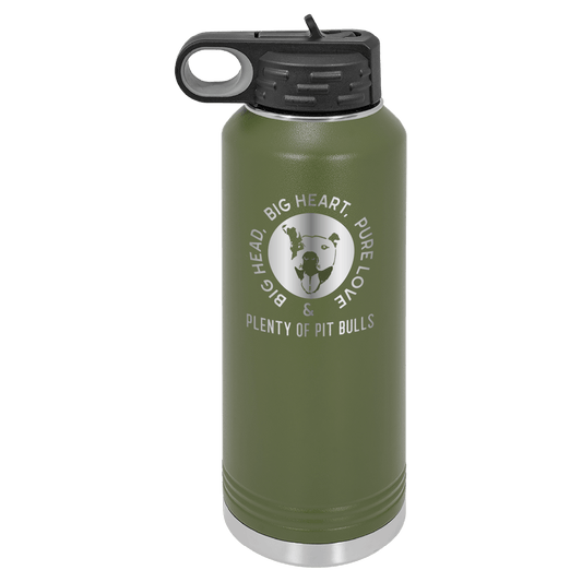 Olive green 40 oz water bottle laser engraved  featuring the Plenty of Pit Bulls logo