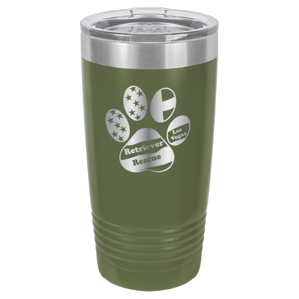 Olive green laser engraved 20 tumbler featuring the Retriever Rescue of Las Vegas logo