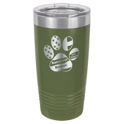 Olive green laser engraved 20 tumbler featuring the Retriever Rescue of Las Vegas logo