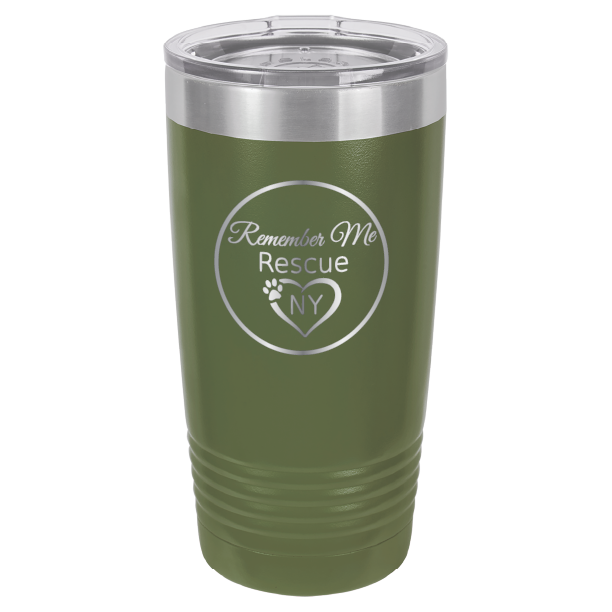 Olive Green  laser engraved 20 tumbler featuring the logo of Remember Me Rescue NY
