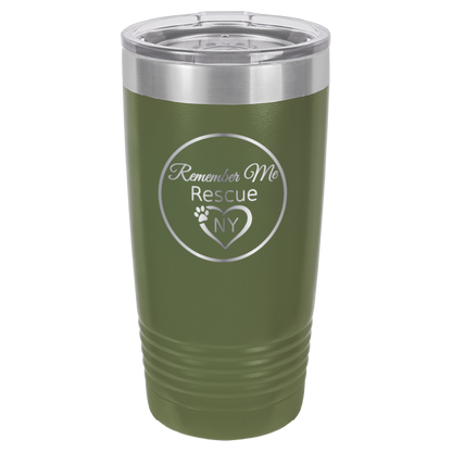 Olive Green  laser engraved 20 tumbler featuring the logo of Remember Me Rescue NY