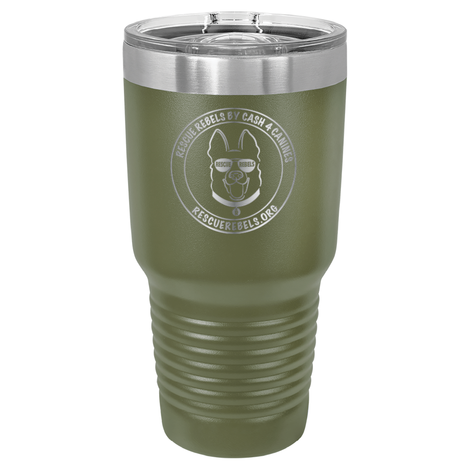 Olive green 30 oz tumbler laser engraved  water bottle featuring the Rescue Rebels logo