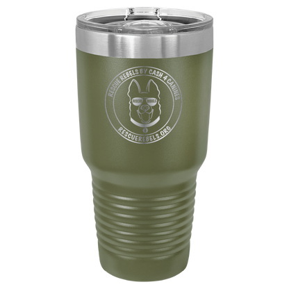 Olive green 30 oz tumbler laser engraved  water bottle featuring the Rescue Rebels logo