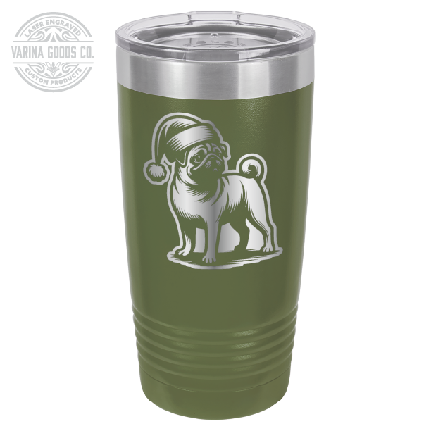 Pug wearing a Santa hat, 20 oz laser engraved tumbler, in olive green