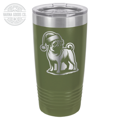 Pug wearing a Santa hat, 20 oz laser engraved tumbler, in olive green