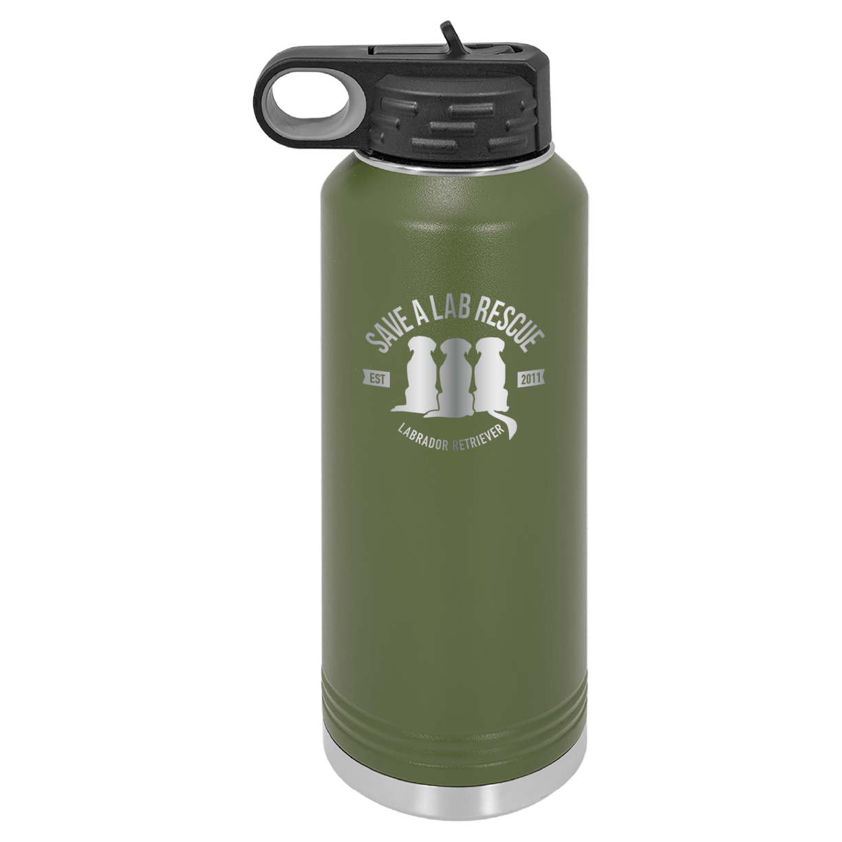 Olive Green 40 Oz Laser engraved water bottle featuring the Save A Lab logo.