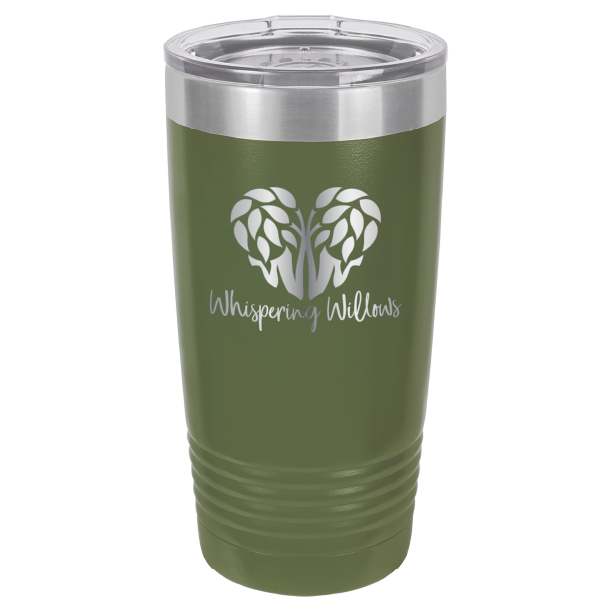 Olive Green laser engraved 20 oz tumbler featuring the Whispering Willows logo.