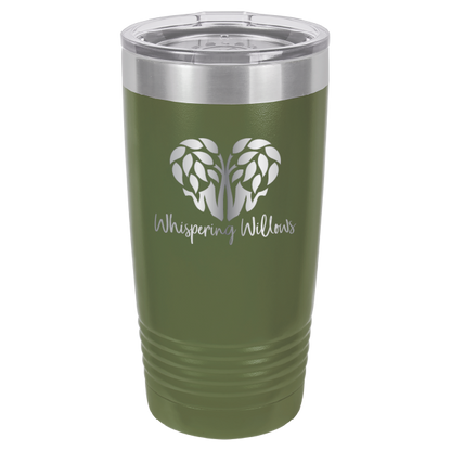 Olive Green laser engraved 20 oz tumbler featuring the Whispering Willows logo.