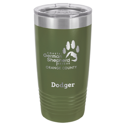 Coastal German Shepherd Rescue of Orange County: 20 oz laser engraved tumbler in olive green